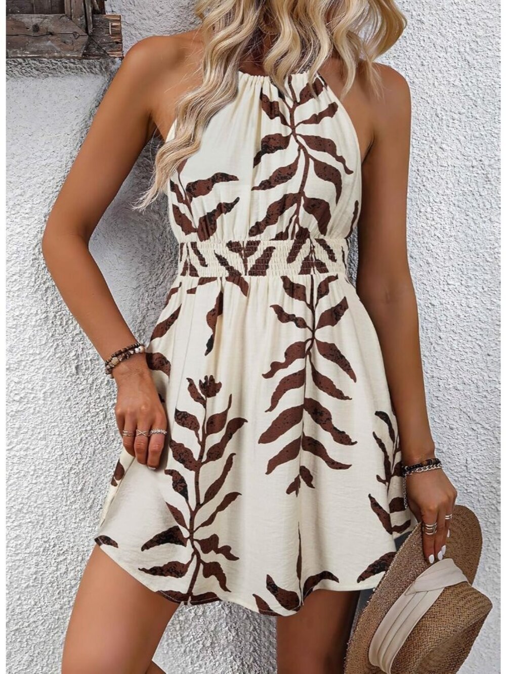 Women's Summer Beach Halter Neck Dresses Beige A Line Mini Dress with Pockets - Picture 2 of 6